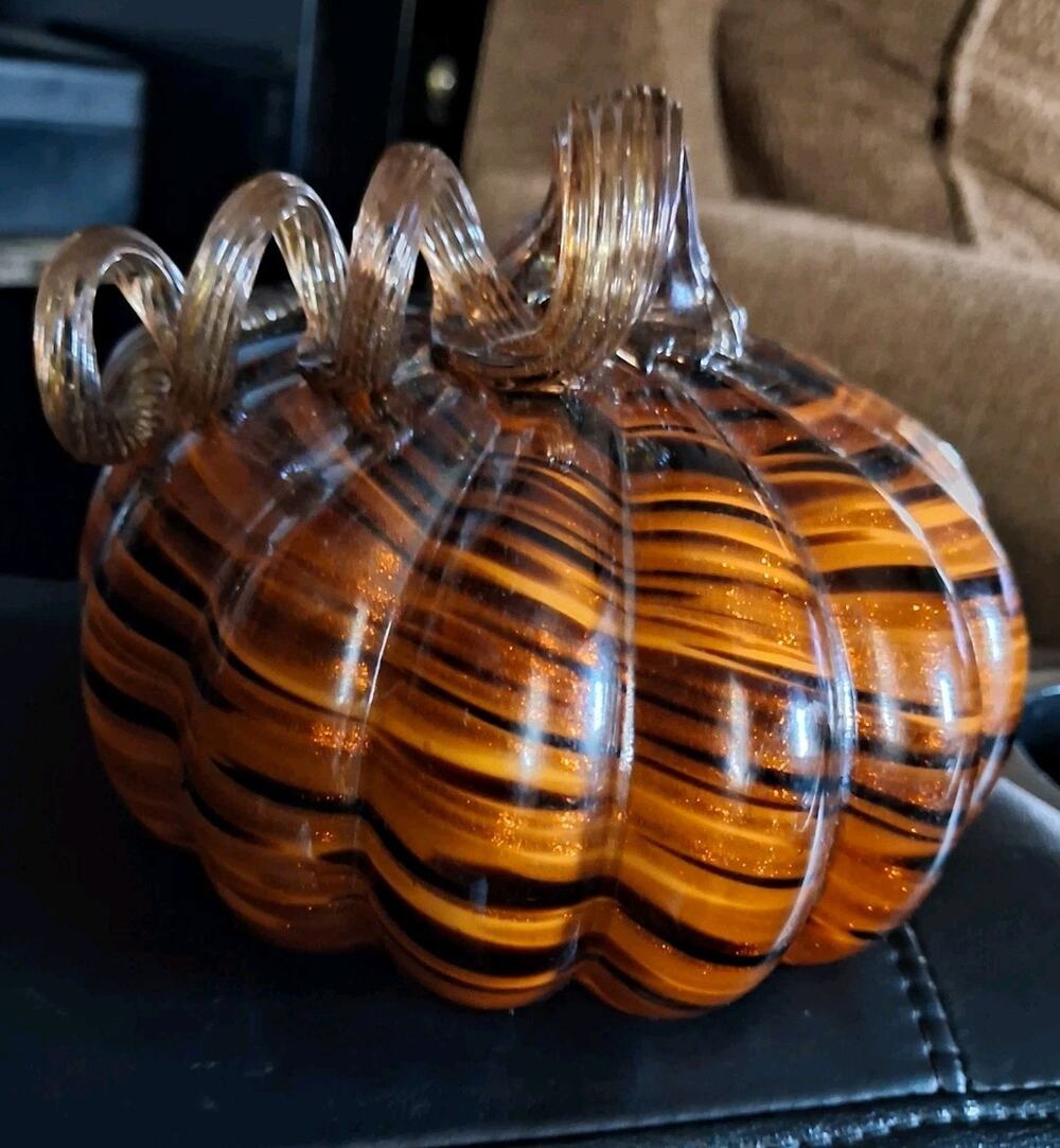 Hand Blown Art Glass Orange Black Glitter Pumpkin Fall Halloween Thanksgiving